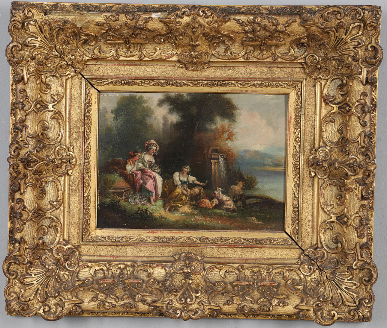 AFTER JEAN-ANTOINE WATTEAU (1684-1721). SHEPHERDESSES RESTING WITH A FLOCK BY A LAKE.