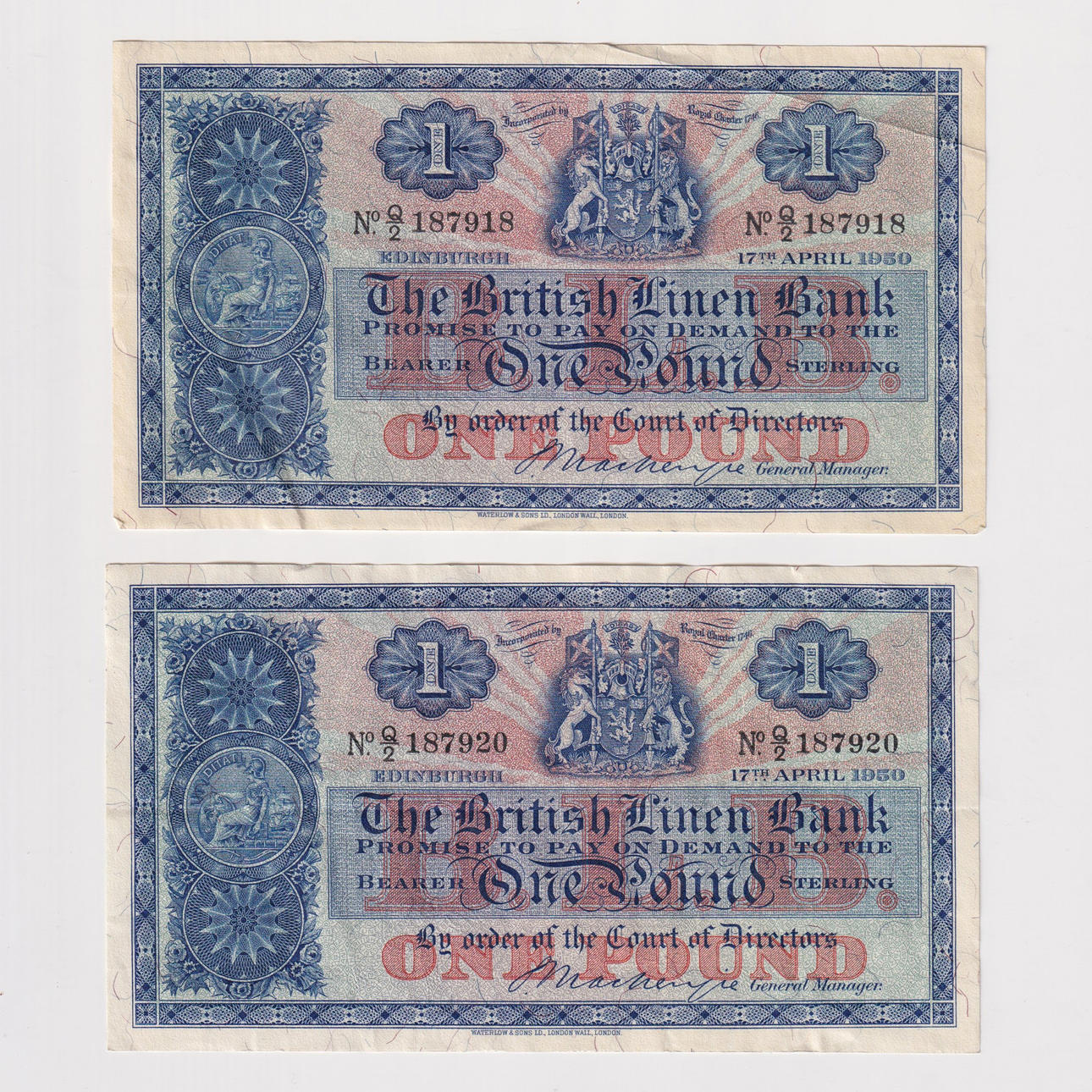 TWO BRITISH LINEN BANK £1 NOTES (2).