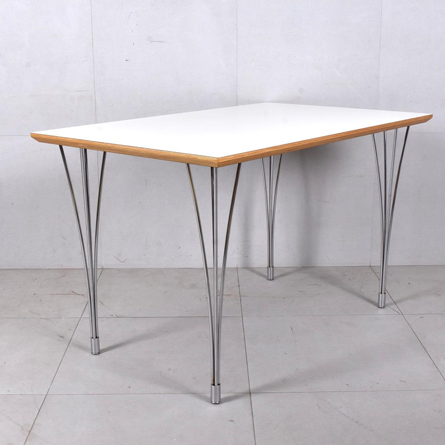 DINING TABLE, WHITE LAMINATE ON STEEL LEGS.
