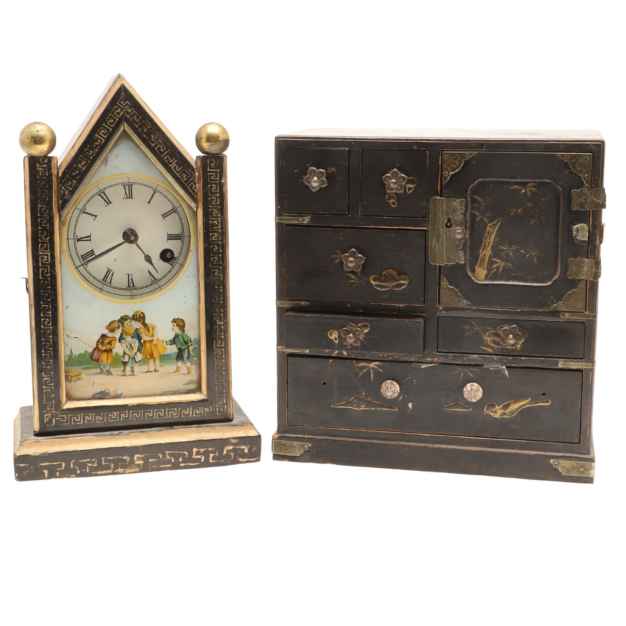 JAPANESE LACQUERED TABLE CABINET & SMALL MANTLE CLOCK.