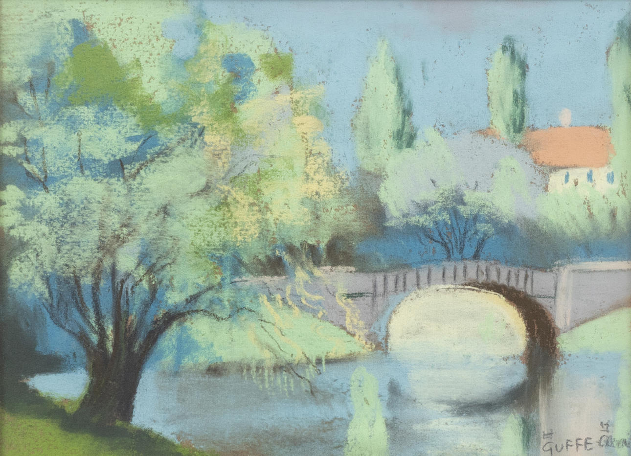 OIDENTIFIERAD KONSTNÄR. Cityscape with bridge, pastel, indistinctly signed.