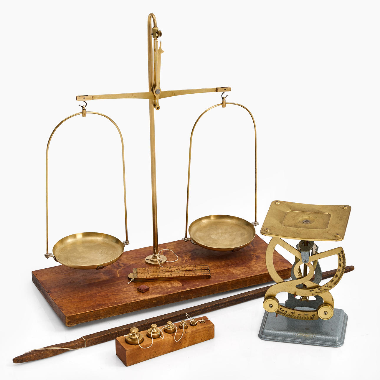 SCALES/MEASURING INSTRUMENTS (5 pieces) PHARMACY SCALE, WEIGHT SET, LETTER SCALE, CUBIT MEASURE, THUMB STOCK.