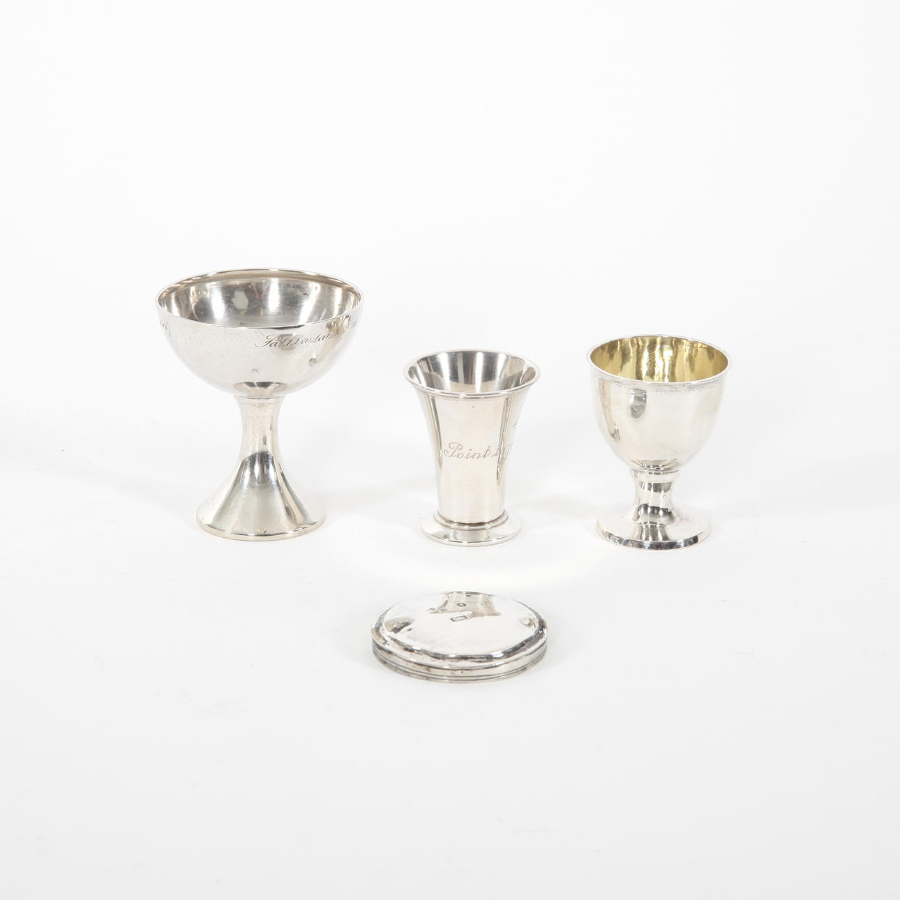 SILVEROBJECTS, 4 pieces, egg cup, cups and cover, Sweden, 1808-1911.