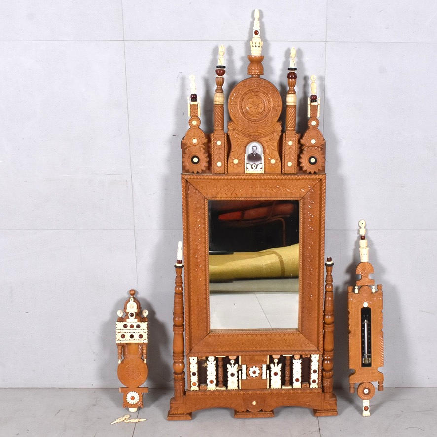 WALL MIRROR; BAROMETER AND WALL SHELF.