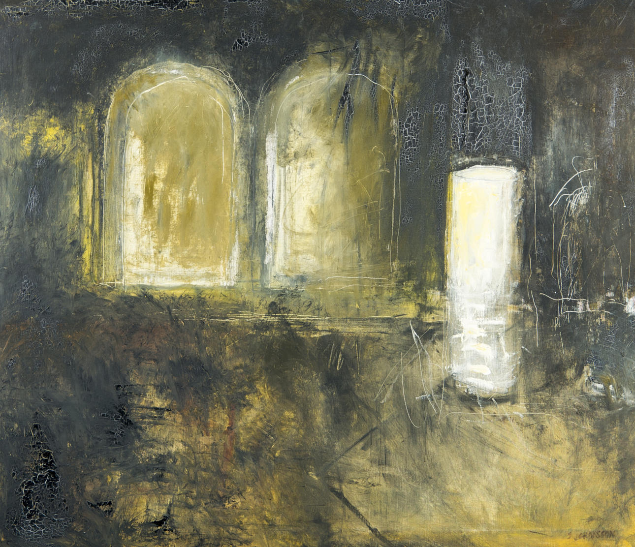 SARA JOHANSSON. Komposition med fönster, olja på duk, signerad S. Johansson.