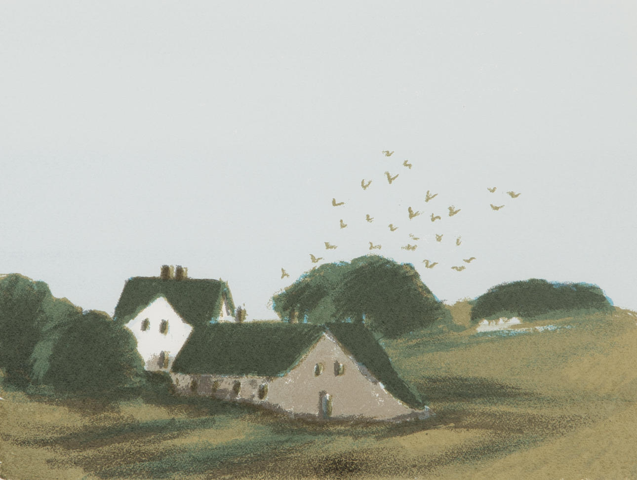 GUSTAV RUDBERG. Landskap med hus, färglitografi, signerad.