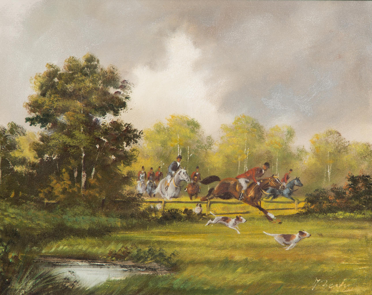 OIDENTIFIERAD KONSTNÄR. Engelskt jaktmotiv, olja på duk, otydligt signerad.