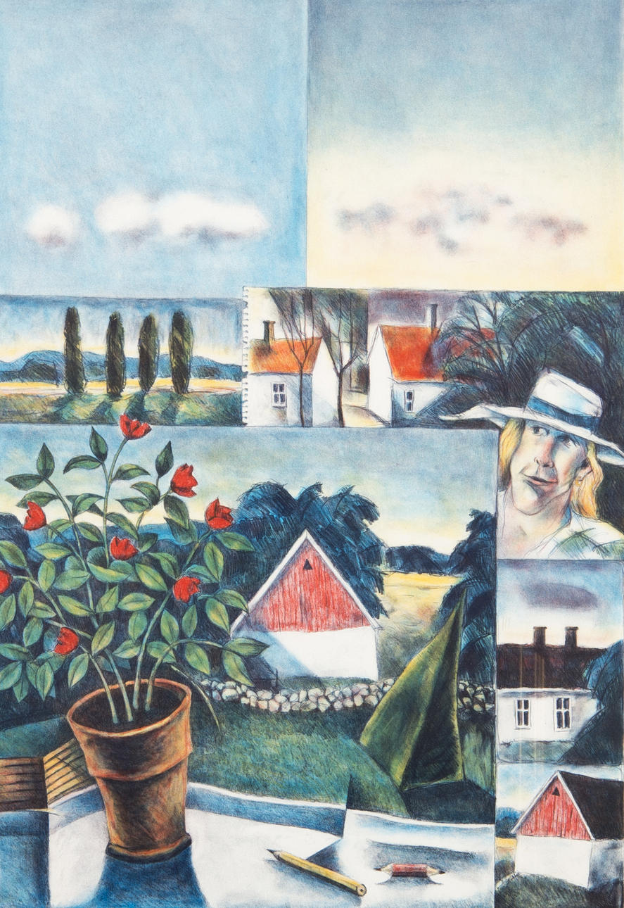 JUSSI TAIPALEENMÄKI. Collage med hus, färglitografi, signerad.