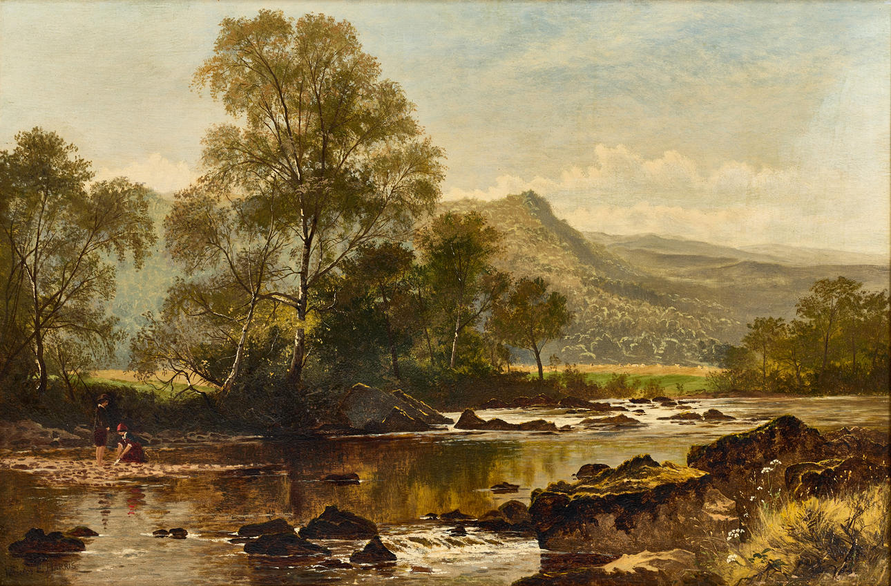 WILLIAM E. HARRIS (ENGLAND, 1860–1930). Forest landscape with figures, signed William E Harris, oil on canvas.