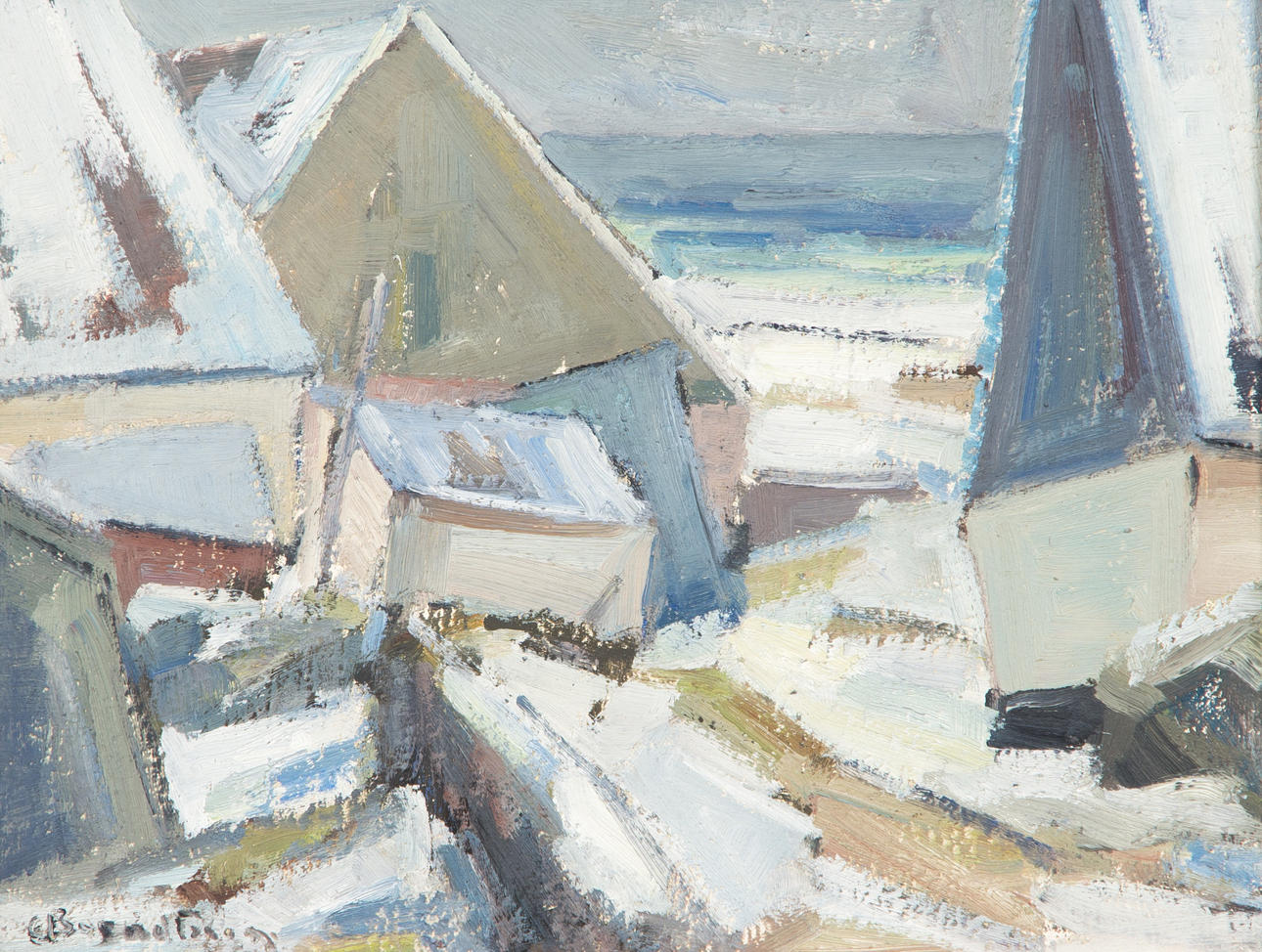 CARL BERNDTSSON. Komposition med hus, olja på duk, signerad C. Berndtsson.