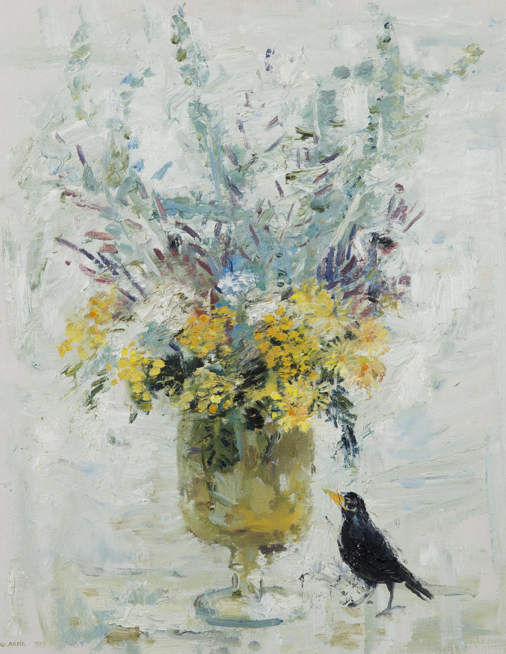 GUSTAV ARNE. Blomsterstilleben med fågel, olja på duk, signerad G. Arne 1979.