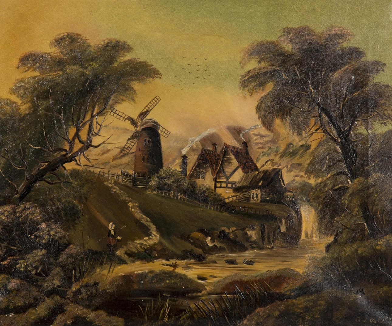 OIDENTIFIERAD KONSTNÄR. Landskap med kvarn och mölla, olja på duk, tidigt 1900-tal, otydligt signerad.
