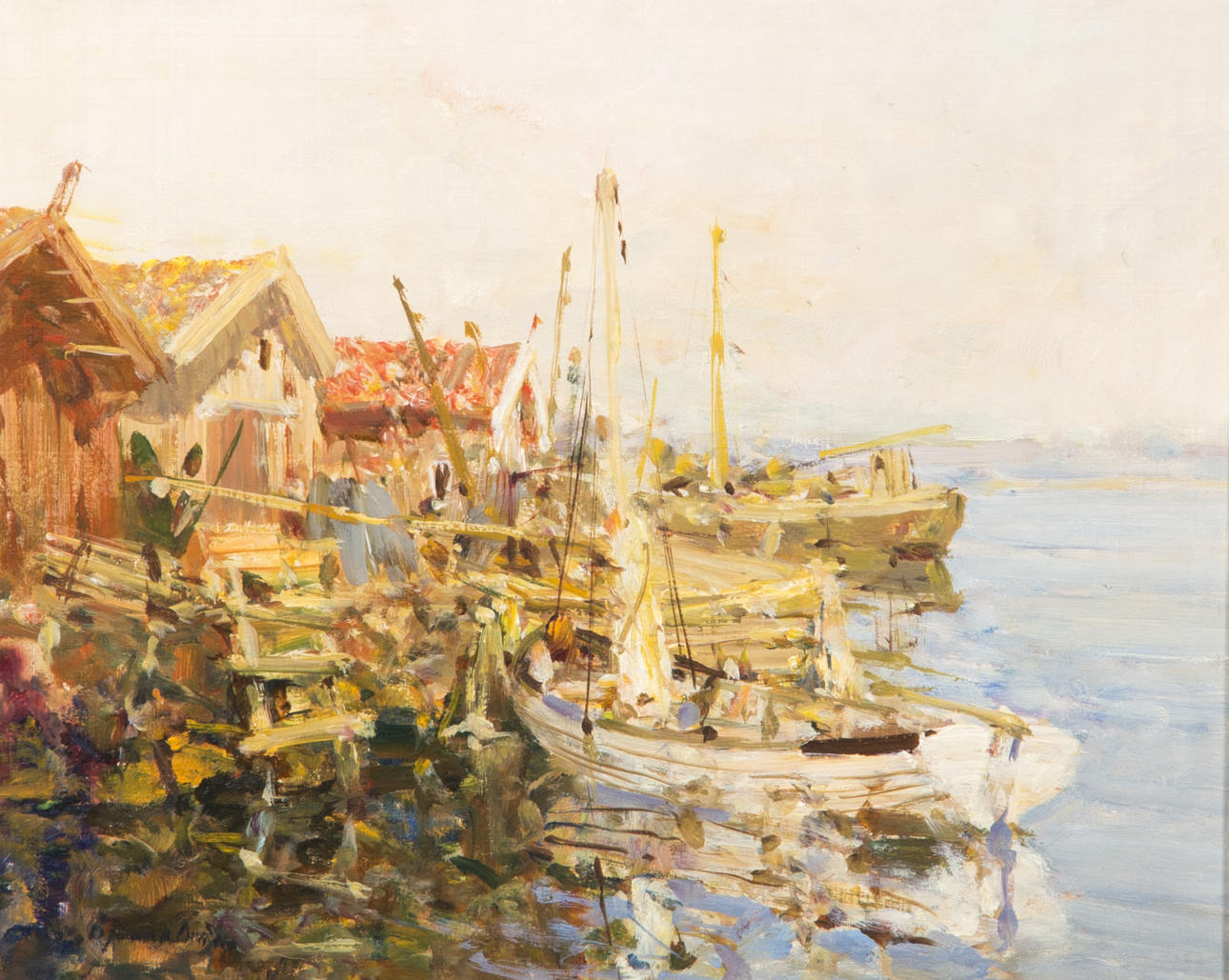 HUGO ÖFVERSTRÖM. Fiskehamn, olja på pannå, otydligt signerad.