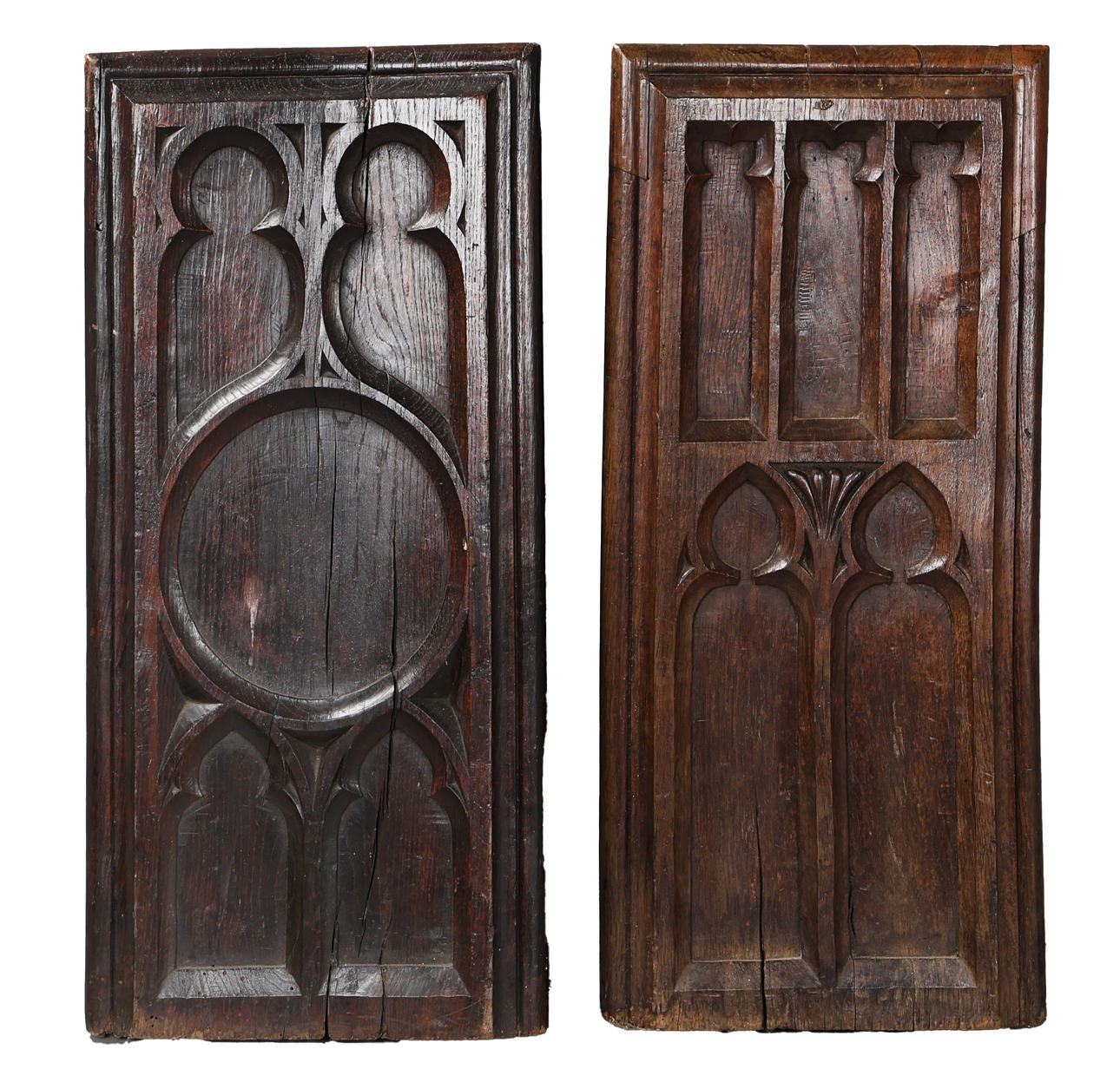 TWO 17TH CENTURY OAK GOTHIC CARVED PEW ENDS (2).