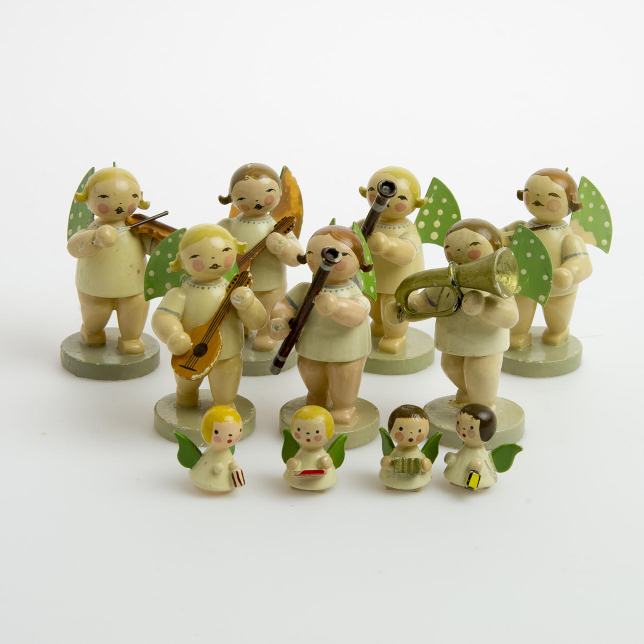 FIGURINER, 11 stycken, trä, änglaorkester, Wuk.