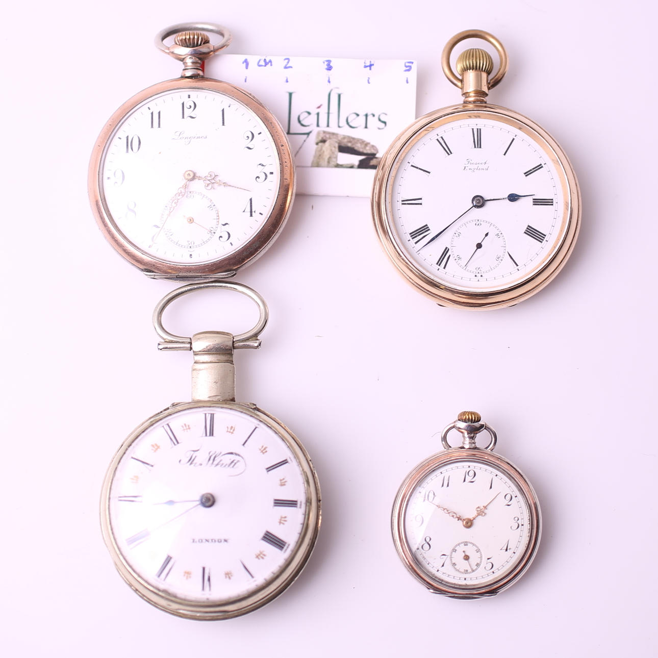 FICKUR, 4 st, Longines / Prescot Elgin / Th.Whitt / omärkt damur, 18-/1900-tal.