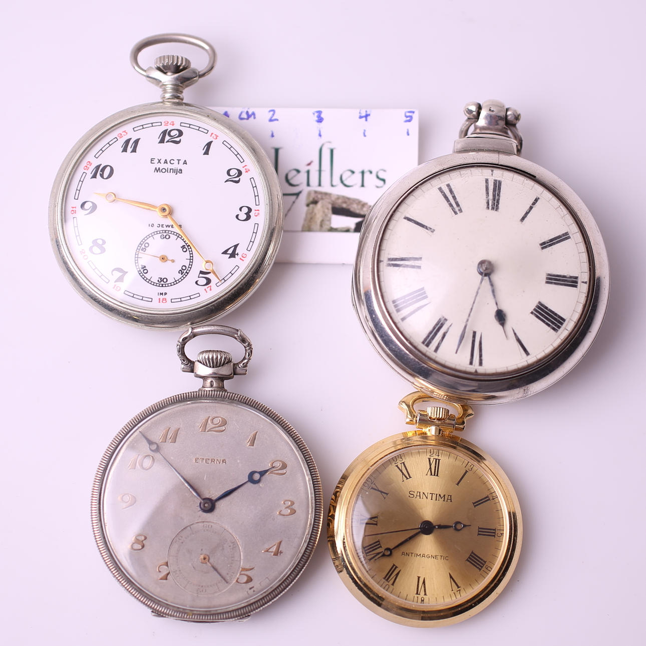 FICKUR, 4 st, Exacta Molnija / omärkt / Eterna / Santima, 18-/1900-tal.