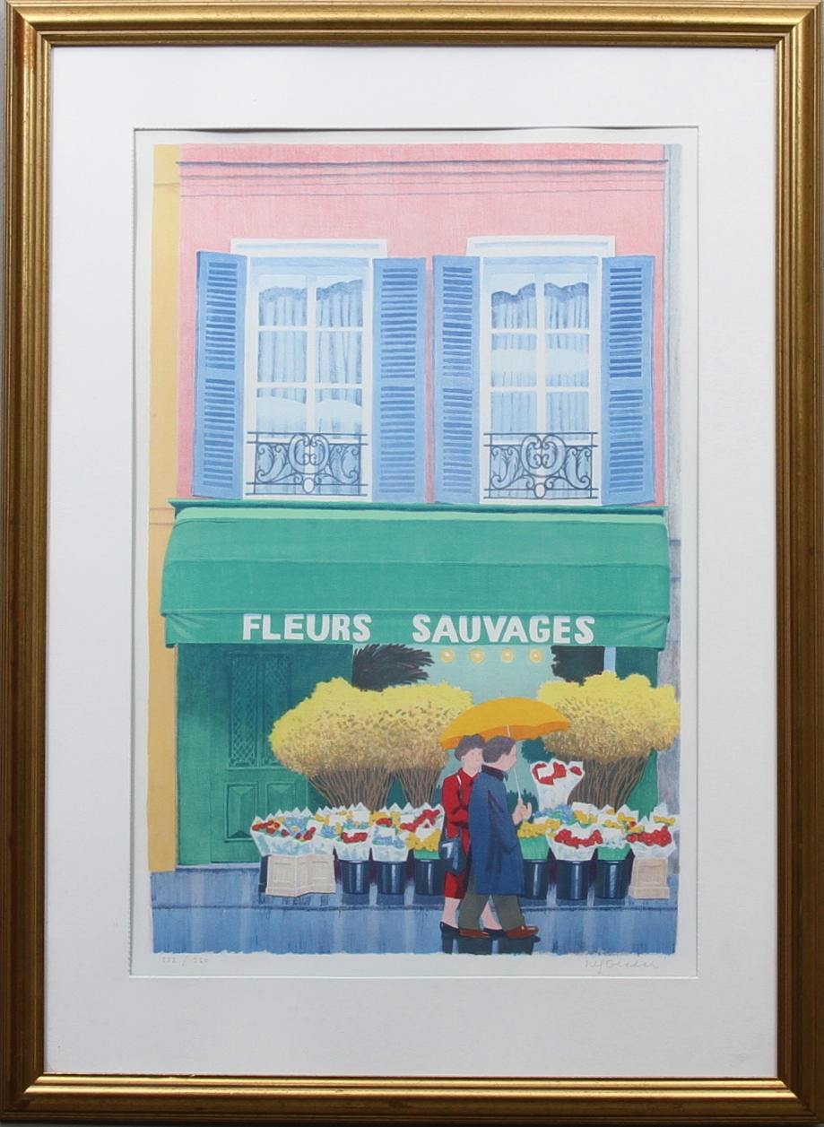 ULF GREDER. Motiv med blomsterhandel, Paris. Färglitografi. Signerad och numrerad 272/360.