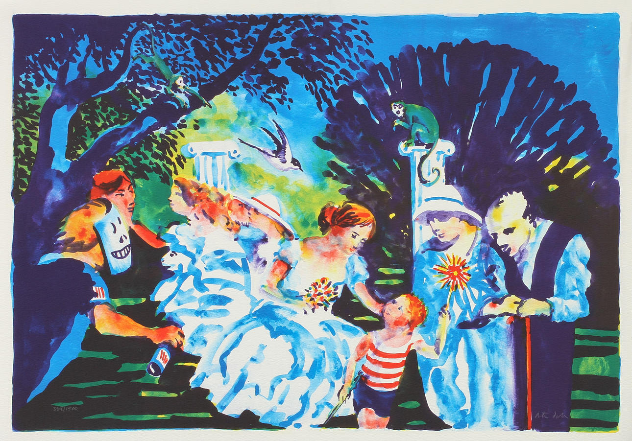 PETER DAHL. "Afton i parken", färglitografi, signerad och numrerad 339/1500.