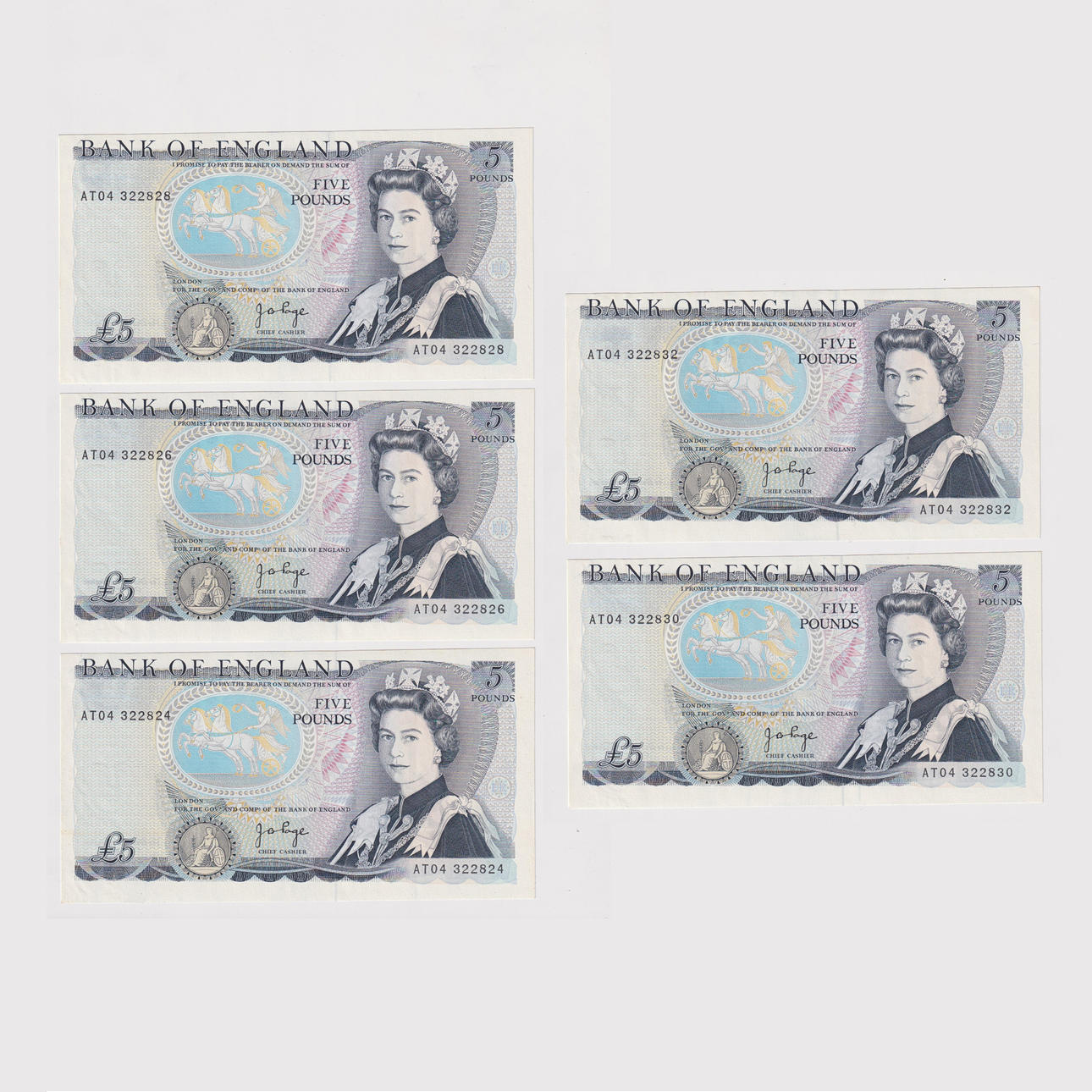 SET OF 5 ELIZABETH II £5 BANK NOTES ERROR NOTES WITH CLOSE NUMBERS (5 ...