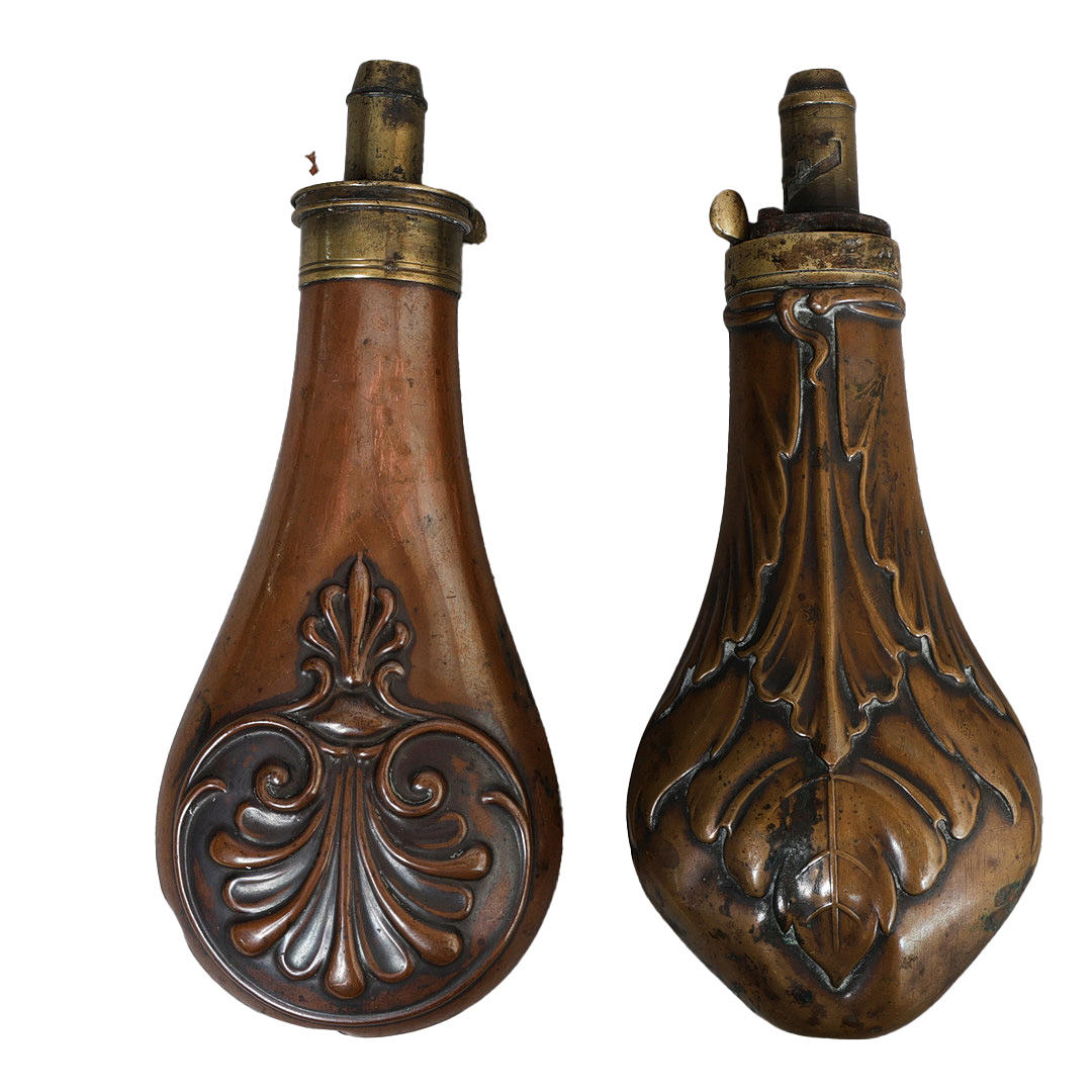 TWO 19TH CENTURY BRASS POWDER FLASKS (2). Weapons & Militaria - Other ...