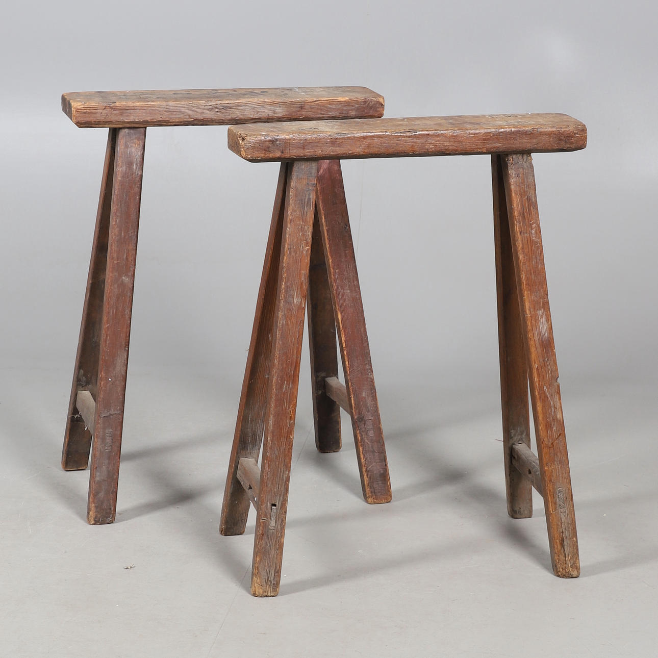 A PAIR OF PINE COFFIN STANDS.