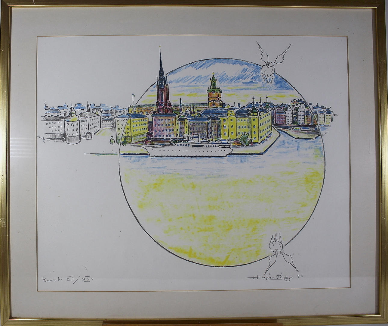 HANS LINDBERG. provtryck,färglitografi, "Stockholmsmotiv" signerad och numrerad Xll/XXX, daterad 1986.