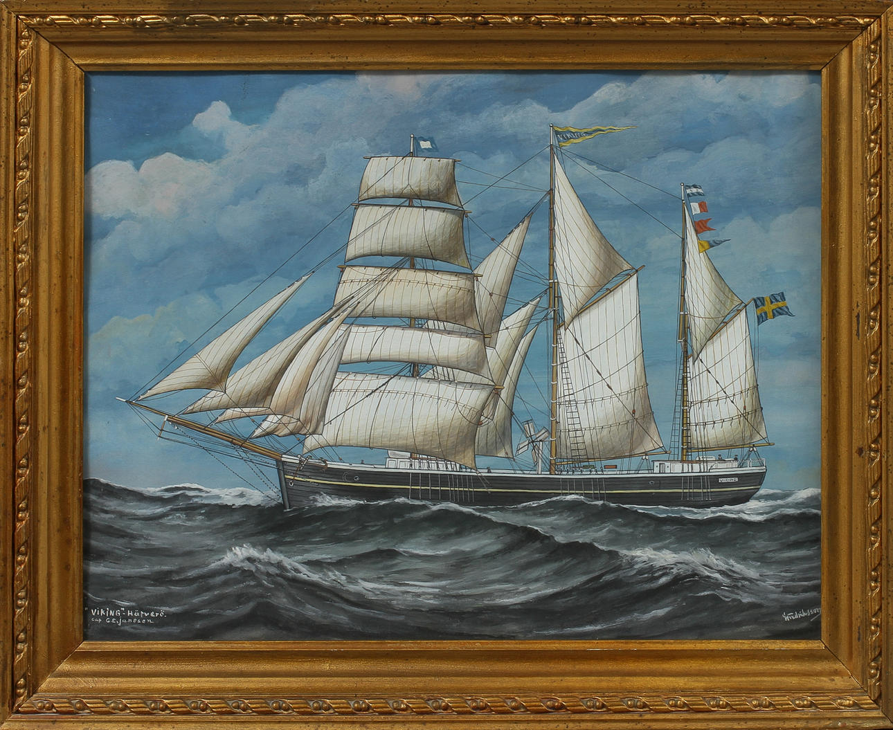 GUSTAF FREDRIKSSON. Skeppsporträtt av "Viking"-Häfverö. Gouache, signerad.