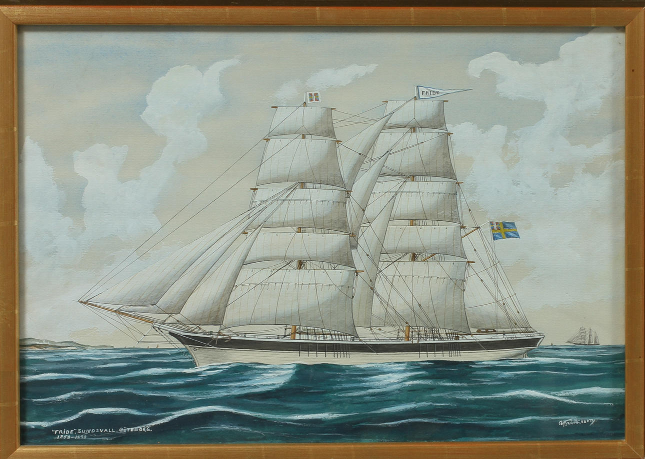 GUSTAF FREDRIKSSON. Skeppsporträtt av "Fride"-Sundsvall-Göteborg. Gouache, signerad.