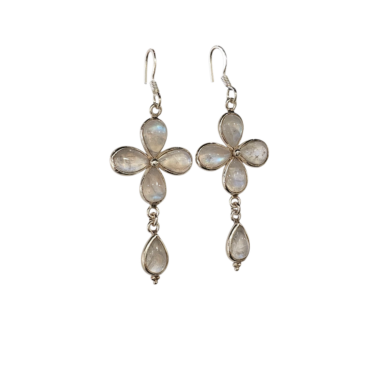 Long movable flower-shaped moonstone earrings. Silver frame. Brand new.