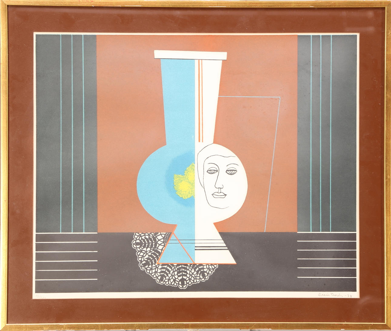 ESAIAS THORÉN. TAVLA, färglitografi 90/250, signerad Esaias Thorén -74, komposition vas med ansikte.