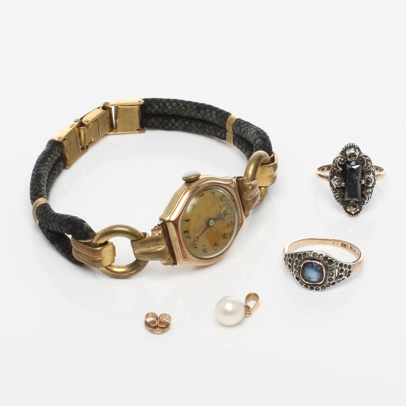 ARMBANDSUR, dam, RINGAR 2 st, HÄNGE, delvis 14 och 18k guld, 1900-tal.