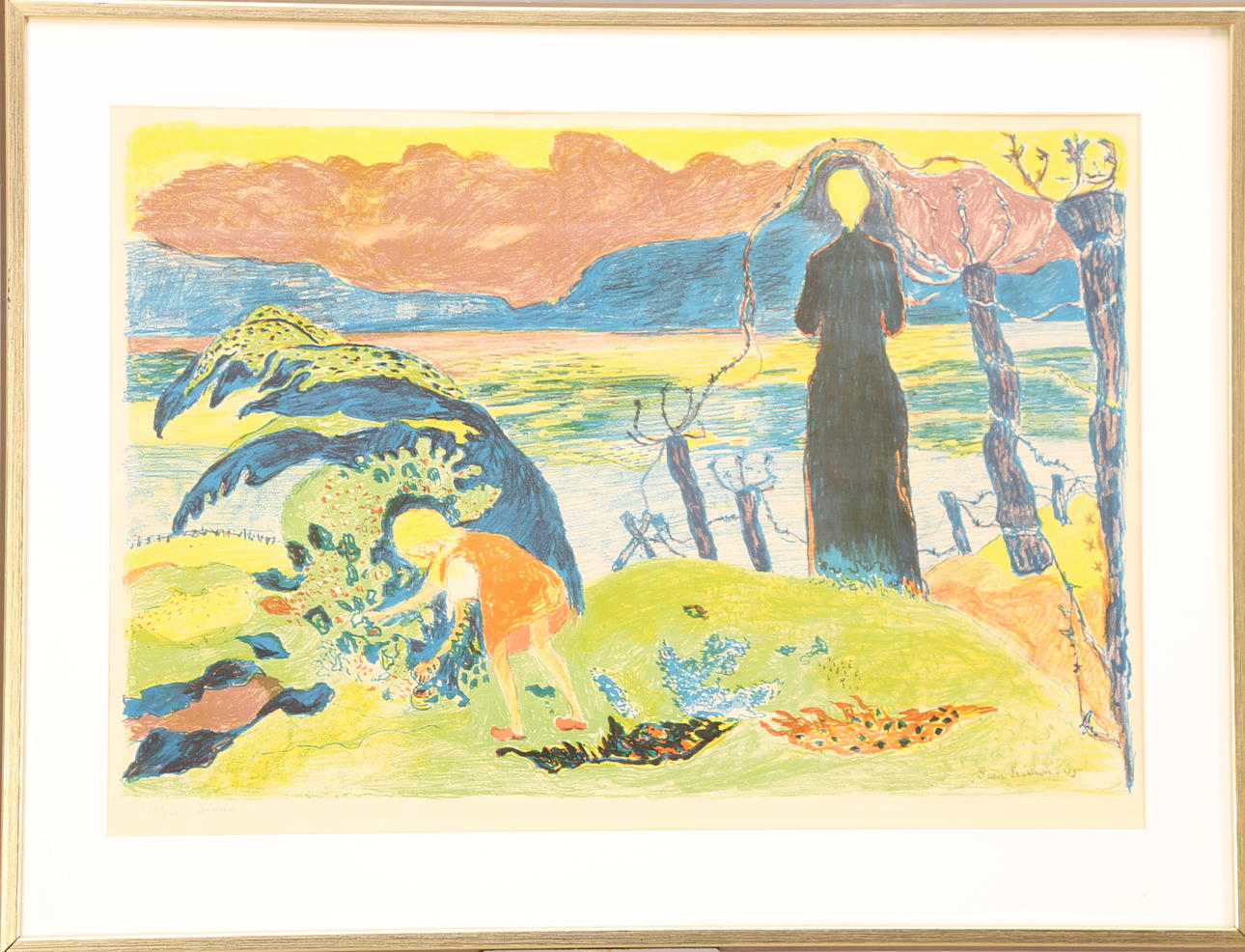 SVEN X:ET ERIXSON. TAVLA, färglitografi 140/200, signerad Sven Erixson -45, kvinna med barn vid sjökant.