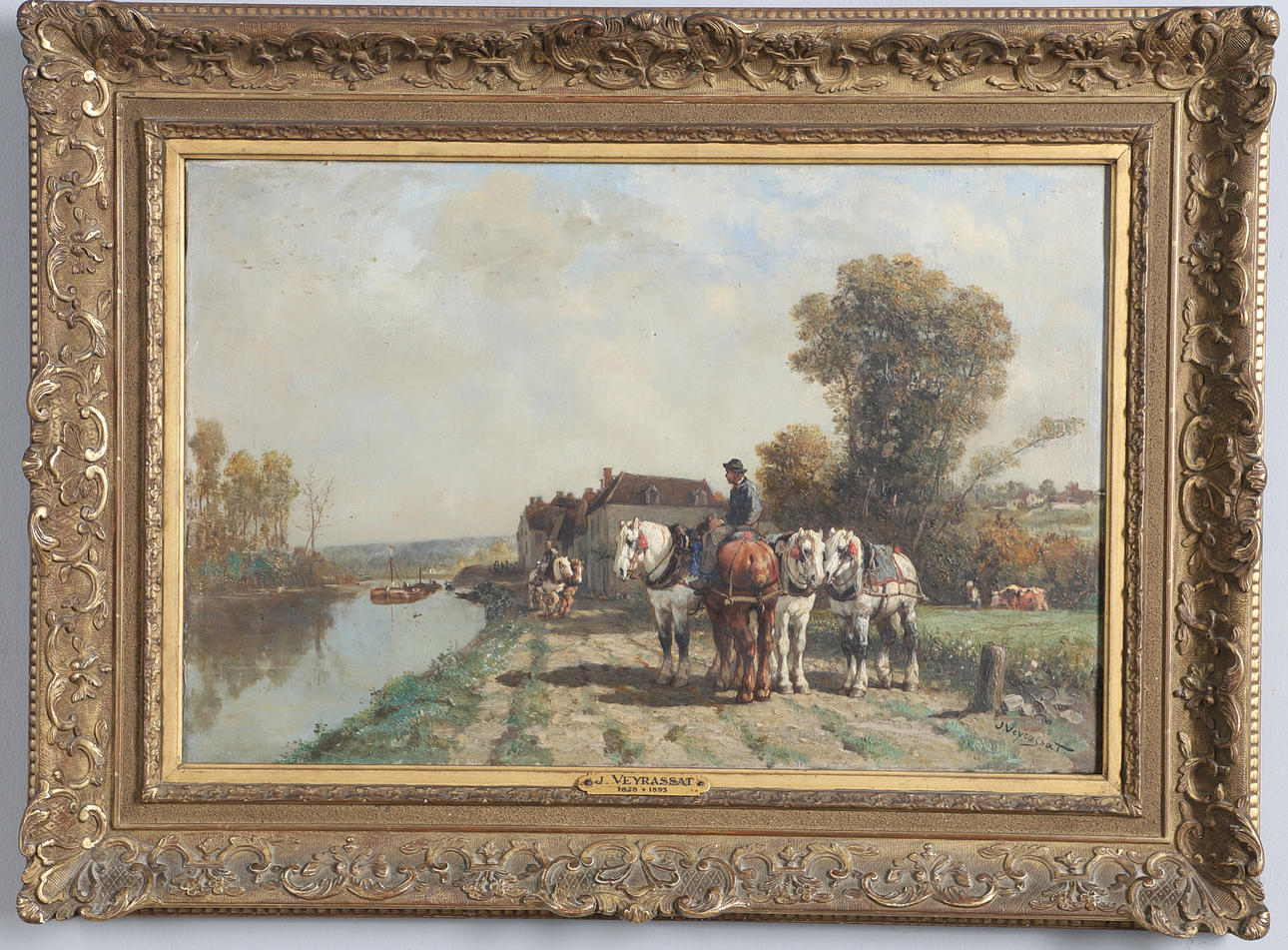 JULES JACQUES VEYRASSSAT (1828-1893). FIGURES WITH SHIRE HORSES BESIDE A CANAL.
