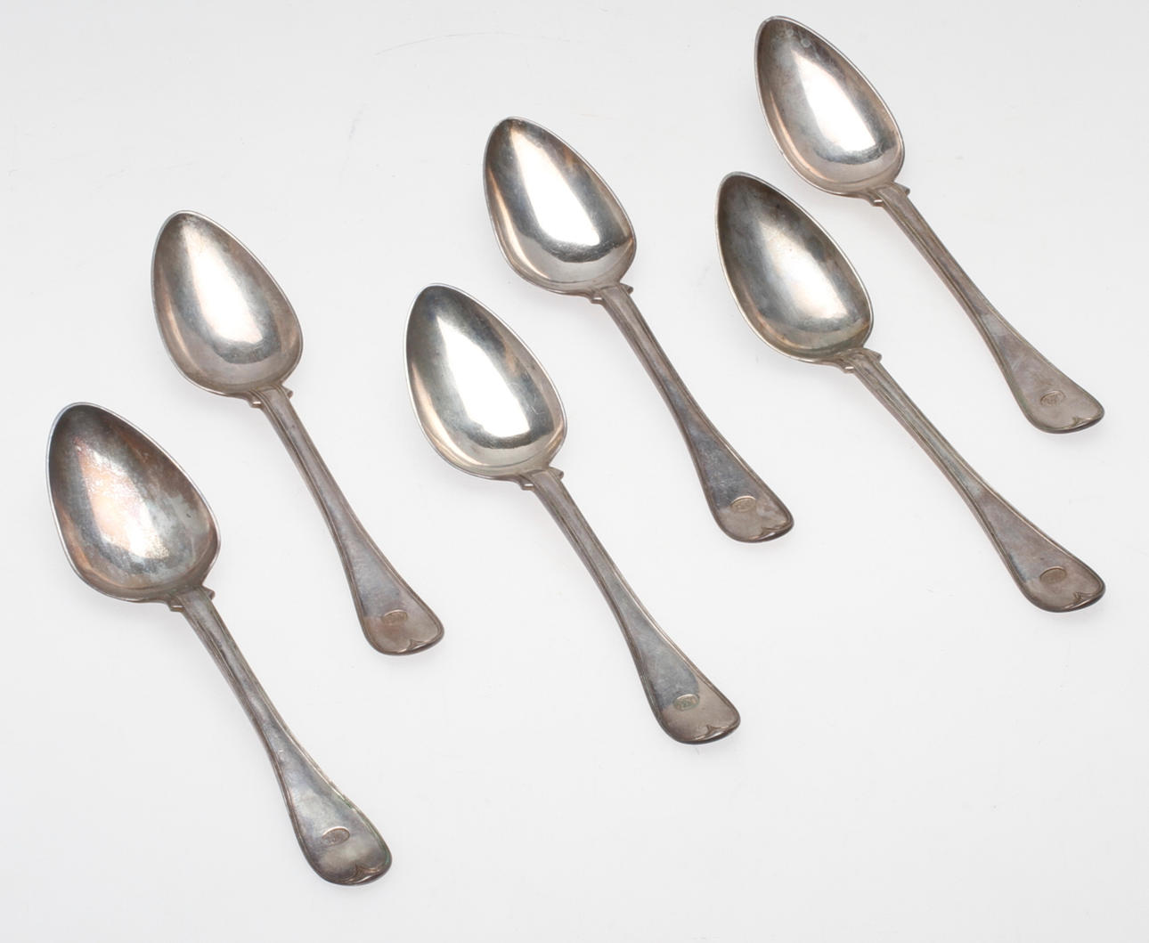 DESSERTSKEDAR, 6 st, silver. Otto Wilhelm Kjellberg, Västerås, 1800-tal. Vikt ca 237.8g.