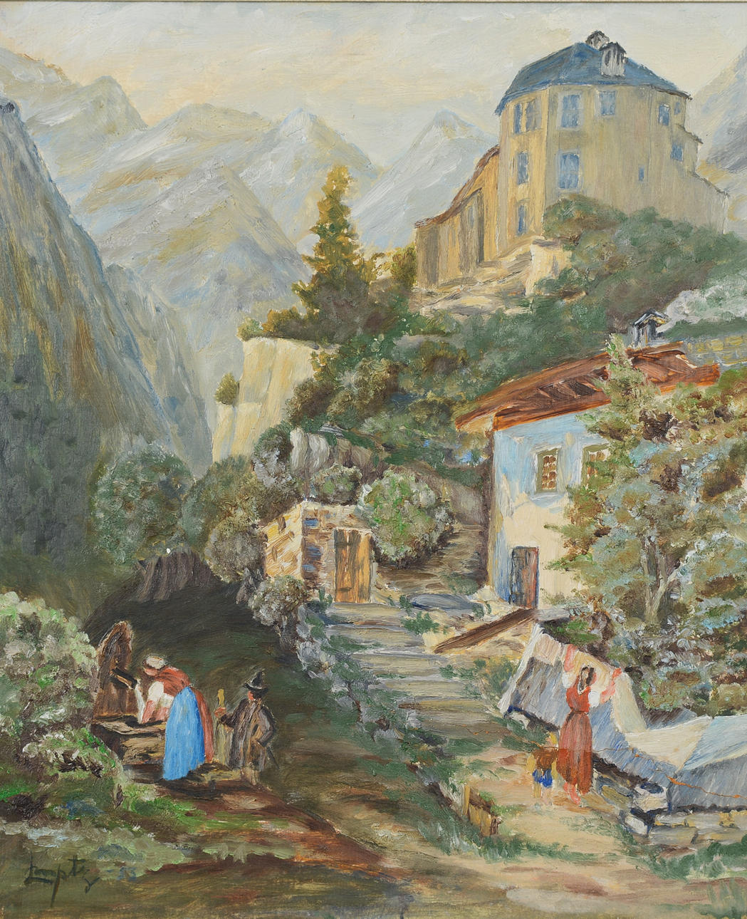 OIDENTIFIERAD KONSTNÄR. Village motif, oil on panel, signed.