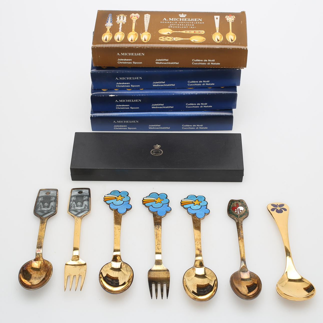 ÅRSSKEDAR och GAFFLAR, 7 st , silver, Georg Jensen, A. Michelsen, Danmark, vikt 328 gram.