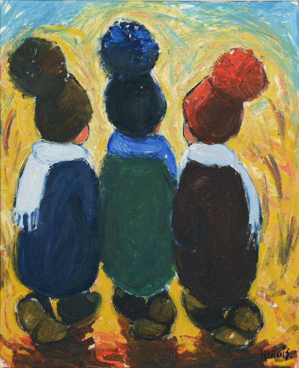 ELSA MELLAIS. Composition with children, oil on panel, signed.