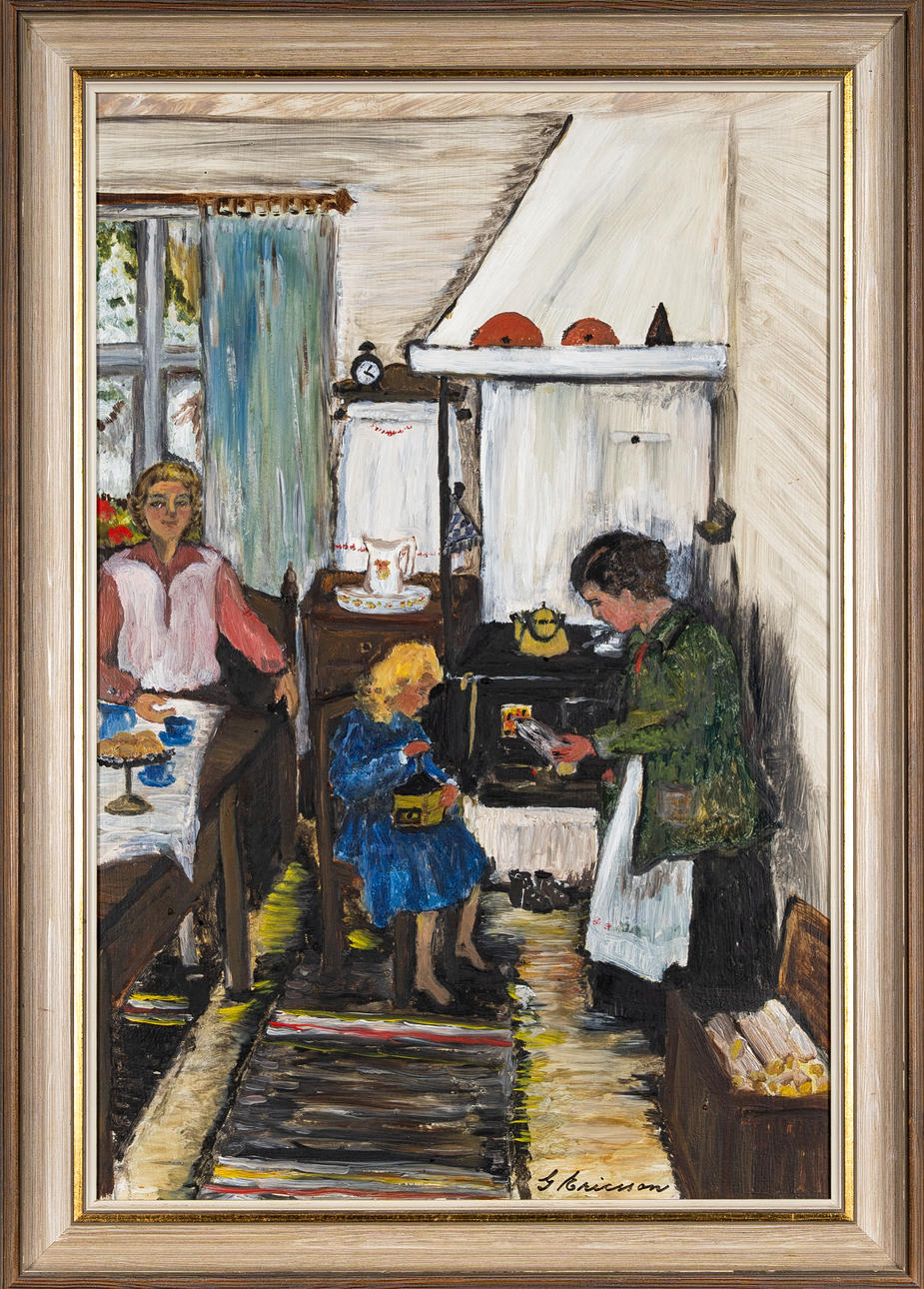 G.ERICSSON. Oil on panel “While the coffee boils” Signed & dated 1978.
