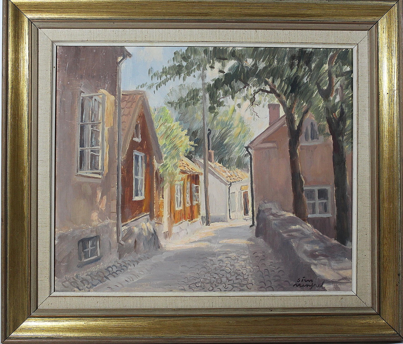 SIM MANFRED. olja på pannå, gränden, signerad.