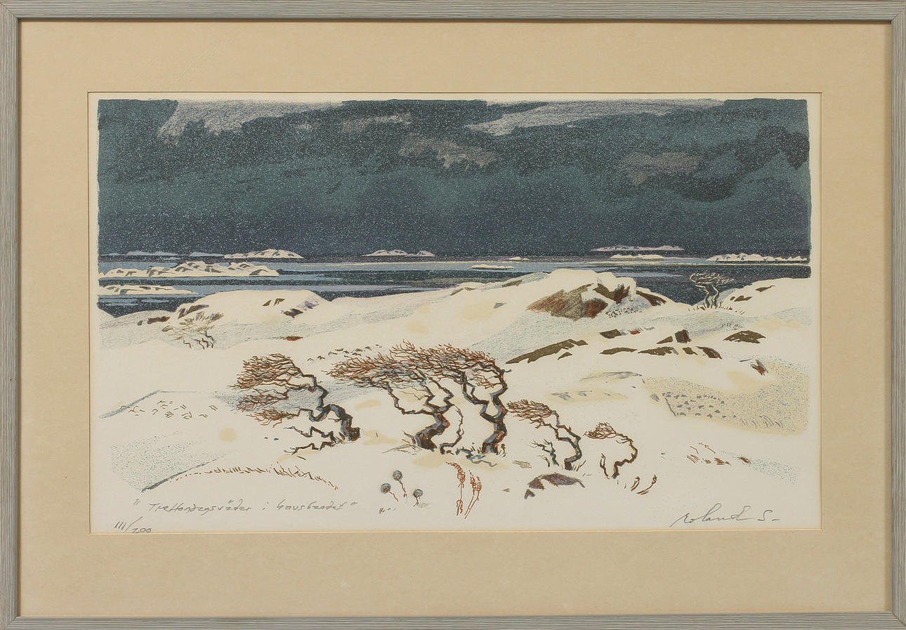 ROLAND SVENSSON. "Trettondagsväder i havsbandet", färglitografi, signerad och numrerad 111/200.