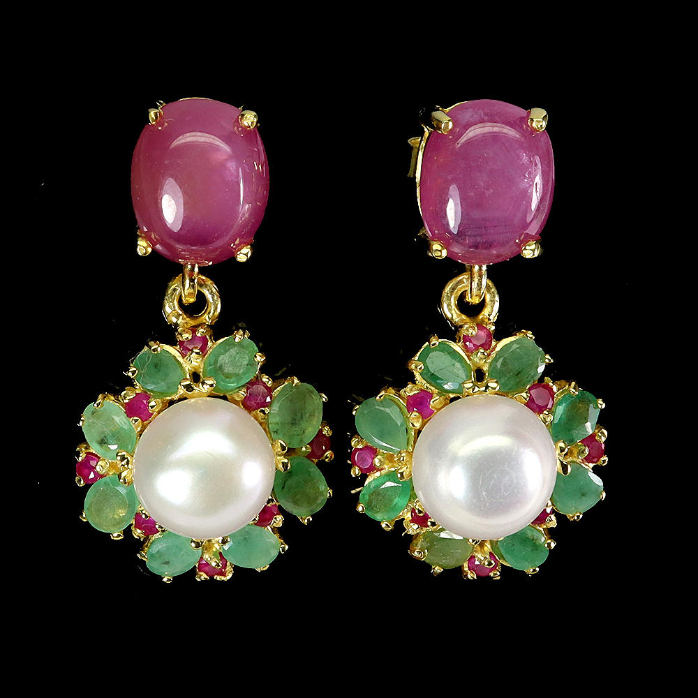 RUBY AND EMERALD PEARL SILVER EARRINGS.