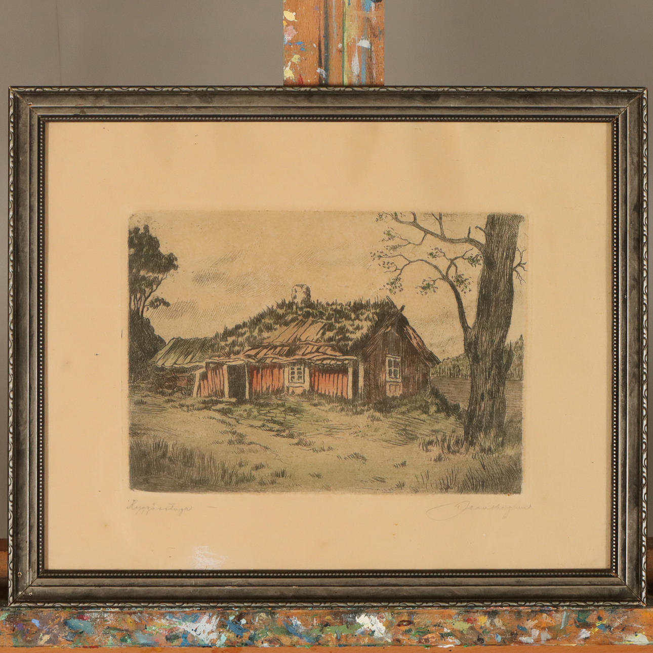 JEAN SKOGLUND. COLOUR ETCHING, “Ryggåsstugan” signed.