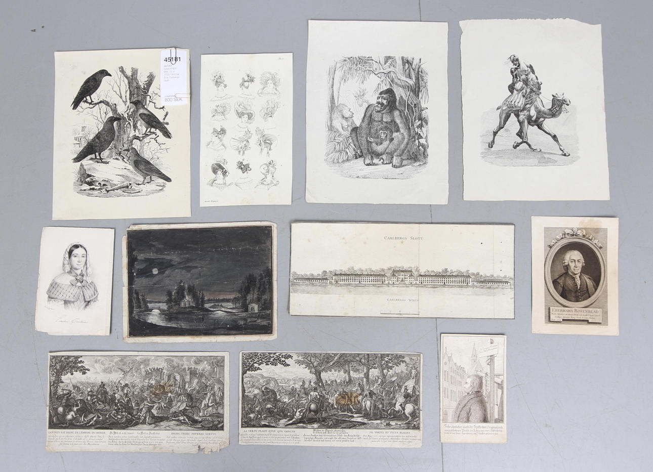 ANTIKA GRAVYRER MM, 12 st. 1700/1800-tal. B.la. Carlbergs Slott.