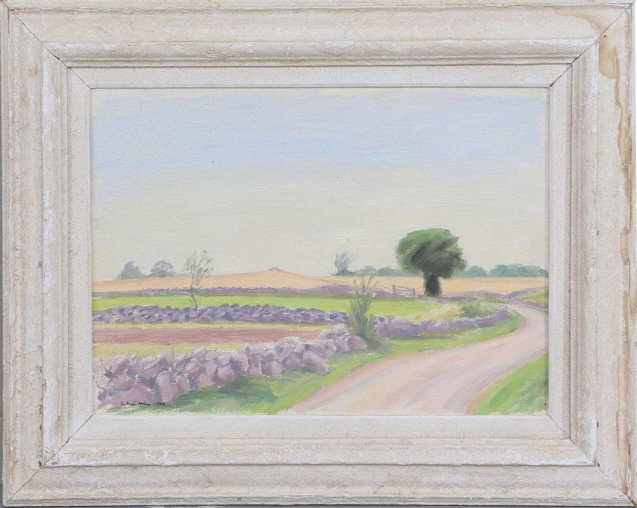 GUDRUN HOLM. "Öländskt landskap", olja på pannå, signerad och daterad 1948.