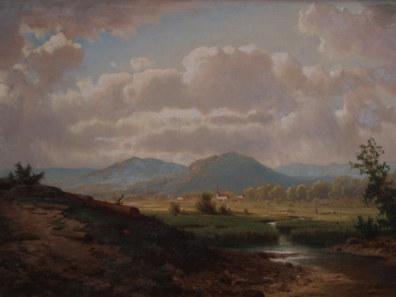 PICK,ANTON. ATMOSFÄRISKA FLODLANDSKAP MED EN GRUPP JORDBRUKARE.