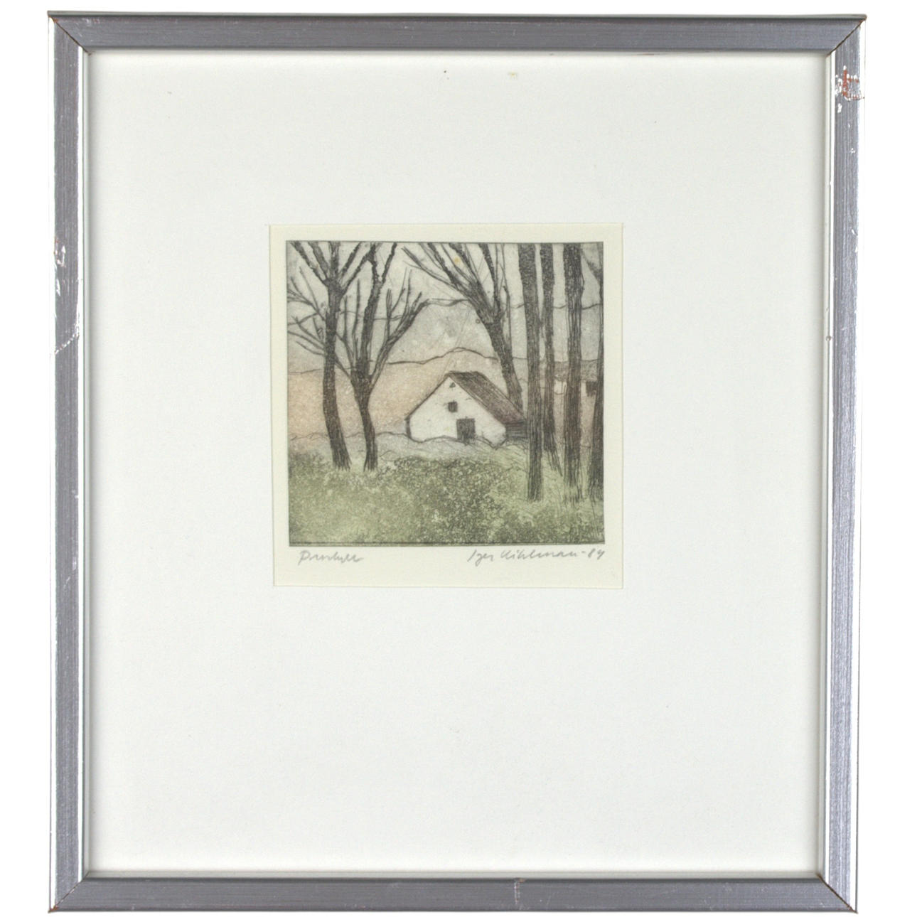 INGER KIHLMAN. Etching, small house among trees, signed, -84.
