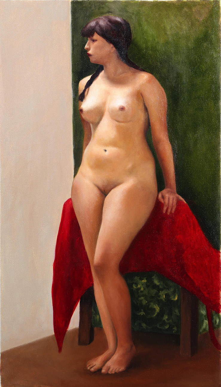 JENNY BERGGREN. Stående modell, olja på duk, signerad J B.