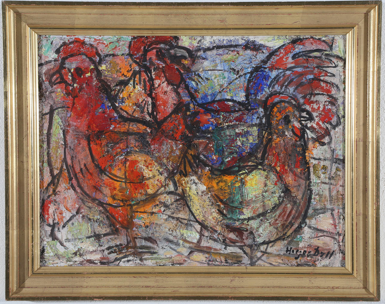 HOLGER DALL (1903-1986). Composition with chickens, oil on masonite.
