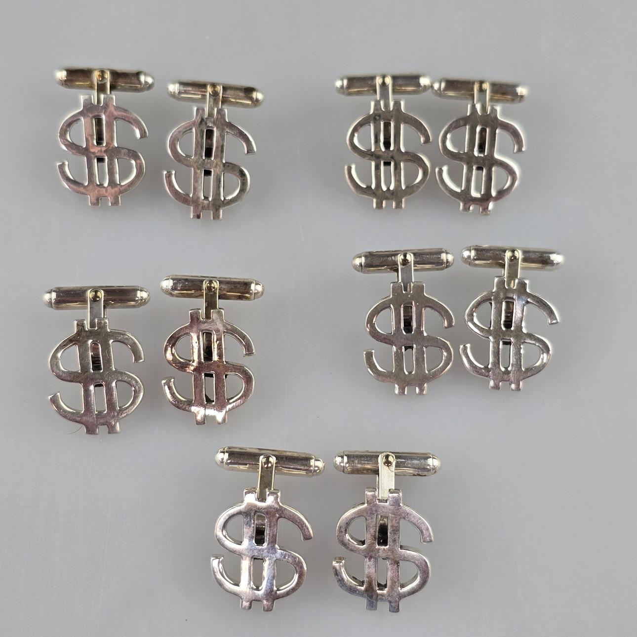 5 par vintage manchetknapper med DOLLAR SYMBOL, sterlingsølv.